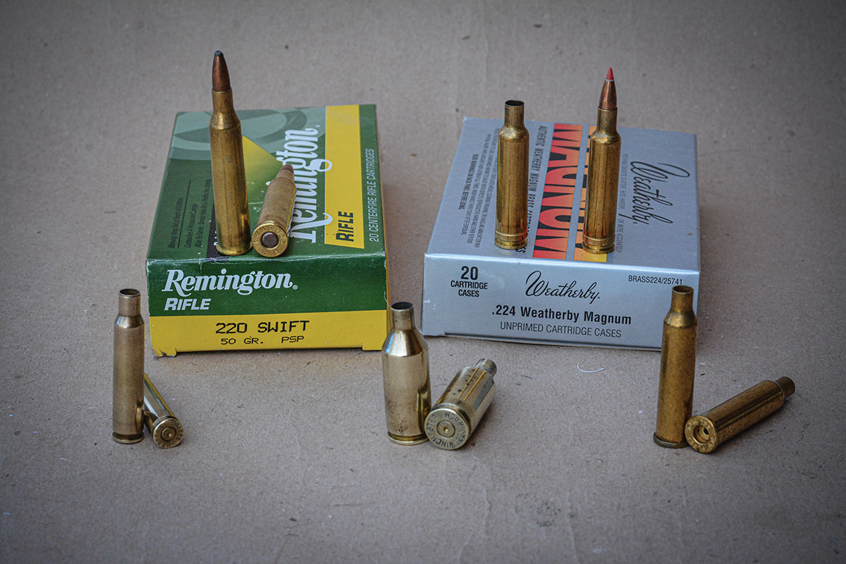 There are many rifles chambered for semi-obsolete varmint cartridges that are often not available for years at a time.  Handloading is the only practical option.  Examples include back row (left to right): 220 Swift and 224 Weatherby Magnum.  Front row (left to right): 222 Remington Magnum, 223 WSSM and 225 Winchester.